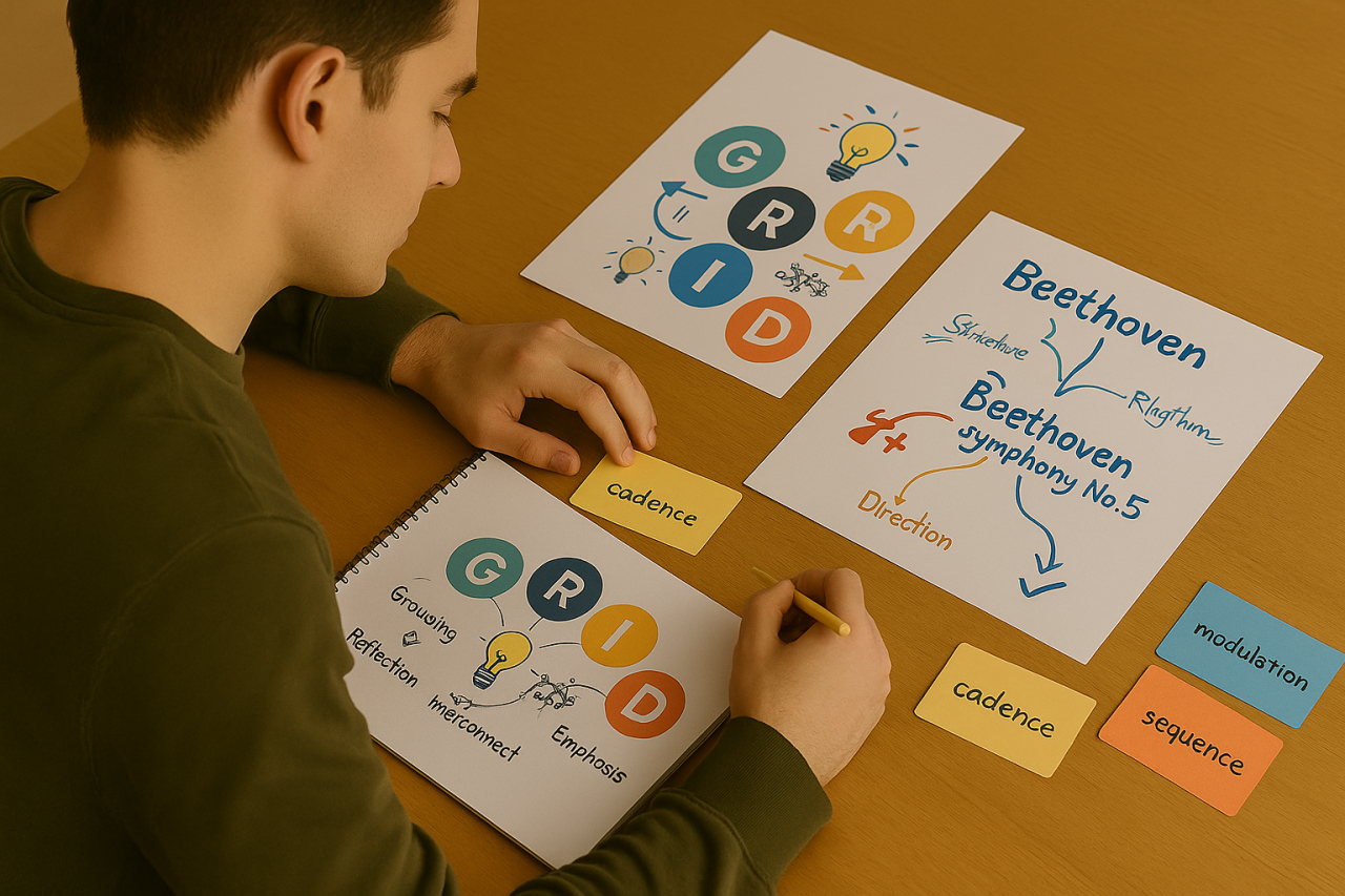 Male Student's Desk showing GRINDE method, mind maps, and flashcards for an integrated approach to music revision